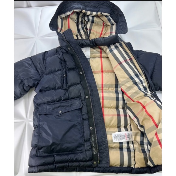 Burberry Children Boys Sz 12Y 12 Y Navy Blue Down Puffer Nova Plaid Hooded Coat